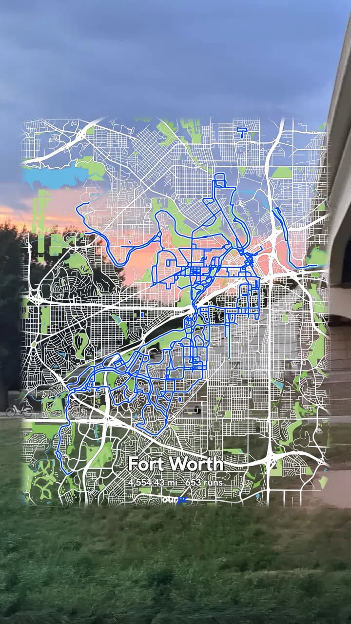 A Fort Worth sticker of every run there, 4,554 miles, over a run photo