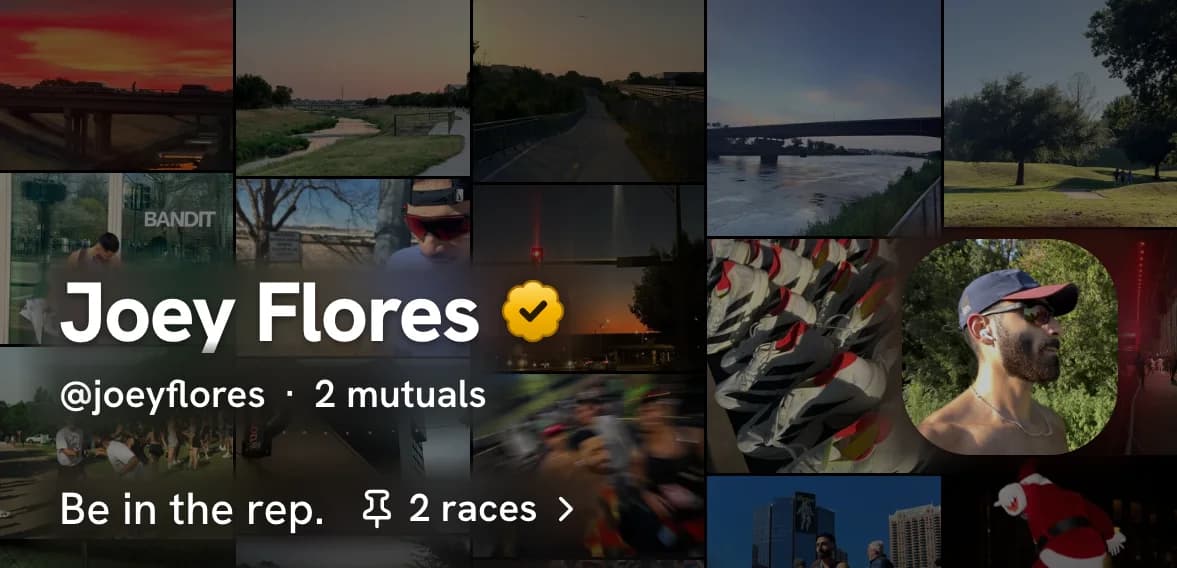 Joey Flores's page: a wall of run photos, the verified seal, 2 mutuals and 2 pinned races