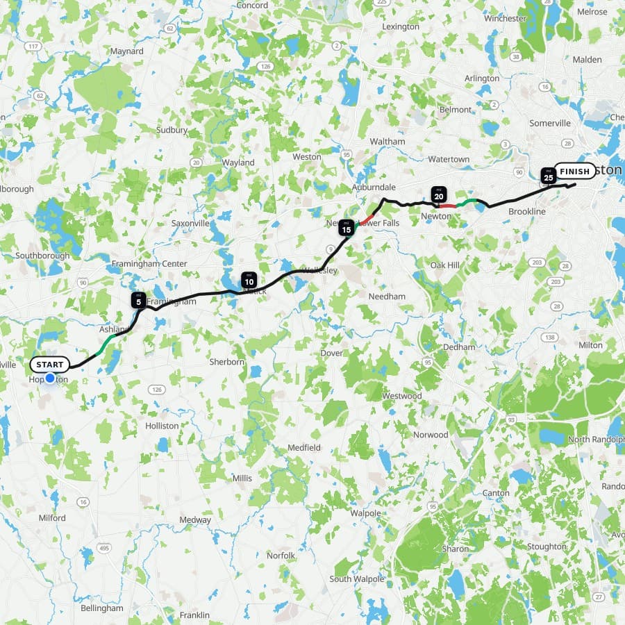 The Boston Marathon route on the map, from Hopkinton → Boston, MA