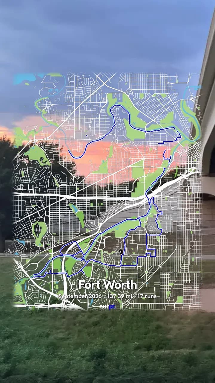 A Fort Worth sticker for September 2026, 137 miles in 17 runs, over a photo of the Trinity Trails at sunset